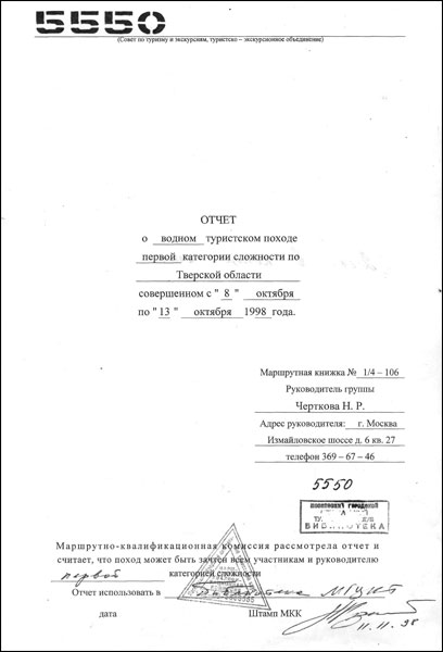 Отчет о водном туристском походе первой категории сложности по Тверской области совершенном с 8 октября по 13 октября 1998 года